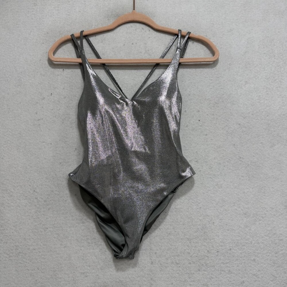 Sandy Beach Swimsuit Womens Small Silver One Piece Metallic Strappy Crisscross